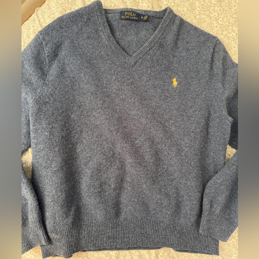Polo by Ralph Lauren Women's V-Neck Sweater in Heathered Blue with Yellow Logo